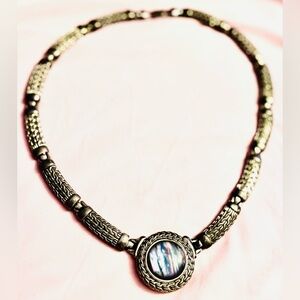 Elegant Vintage Silver Tone Necklace with Simulated Abalone Pendant